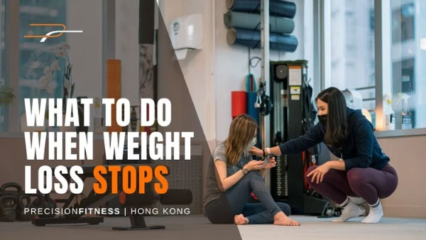 Girl and instructor smilling, with the what to do when weight loss stops text on the side
