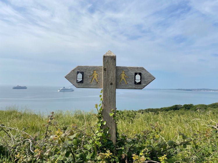 Road sign in the field and sea as the background
